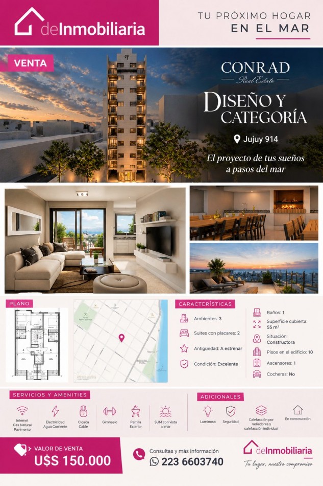 SE VENDE DEPARTAMENTO 3 AMBIENTES DE 55 M2 ZONA LA PERLA A METROS DEL MAR. ENTREGA 2027.